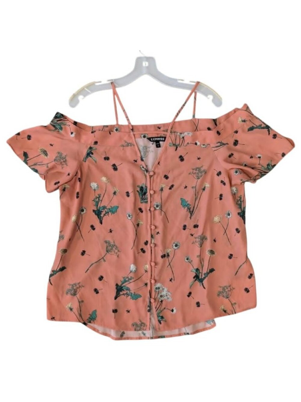 Express Women's L Floral Dandelion Off Shoulder Blouse Peach Button Front